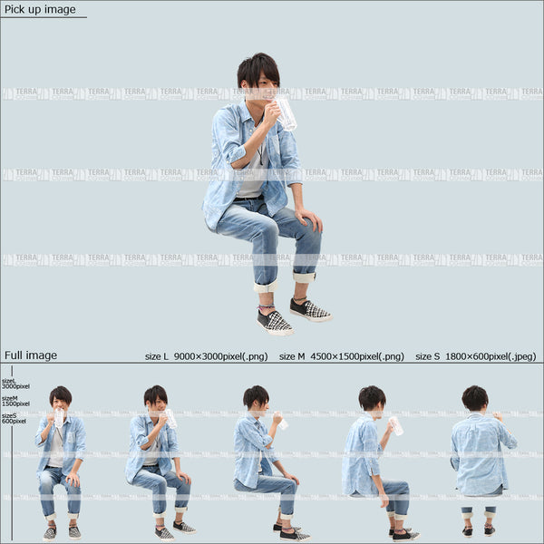 フリー人物切り抜き素材 Sサイズ無料 夏服 ジョッキ ビールを飲む 座るカジュアル2男性F 5方向セット