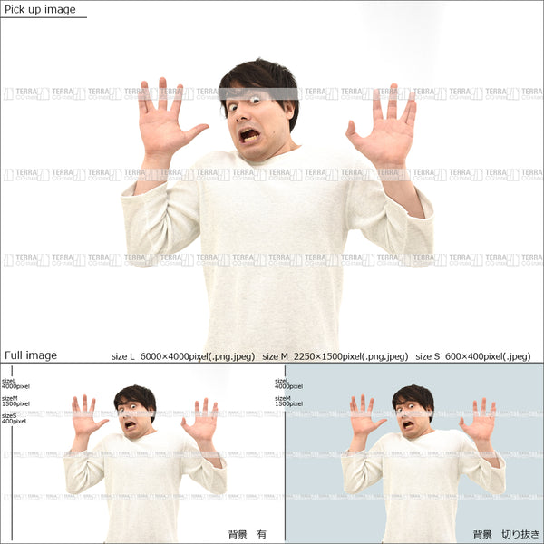 フリー人物切り抜き素材 イメージ写真 男性3 驚く びっくり カジュアル 白