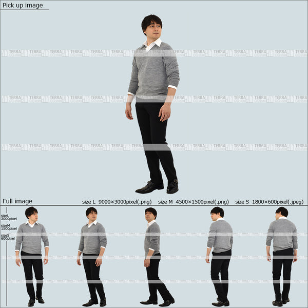 フリー人物切り抜き素材 Sサイズ無料 横 見る 歩く オフィスカジュアル男性3 5方向セット