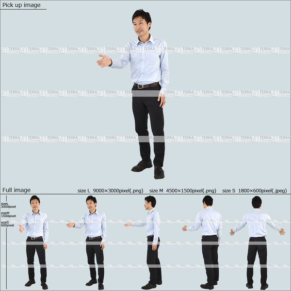 フリー人物切り抜き素材 Sサイズ無料 先生 講師 教師 会社 塾 学校 教壇 説明 授業 プレゼン 手を出すオフィスカジュアル男性1 5方向セット