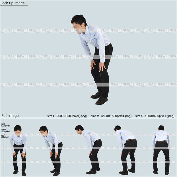 フリー人物切り抜き素材 Sサイズ無料 先生 講師 教師 会社 塾 学校 授業 プレゼン かがむオフィスカジュアル男性1 5方向セット