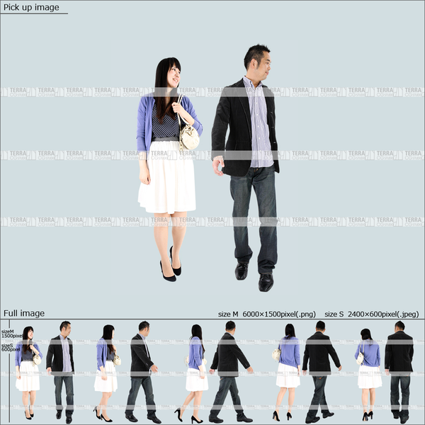 フリー人物切り抜き素材 Sサイズ無料 組み合わせ 歩くカジュアル男女カップル3 5方向セット