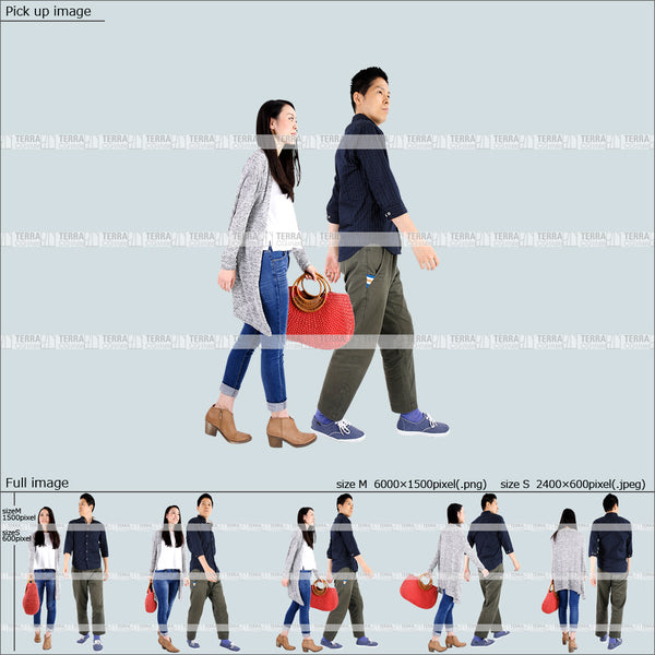 フリー人物切り抜き素材 Sサイズ無料 組み合わせ 歩くカジュアル男女カップル4 5方向セット