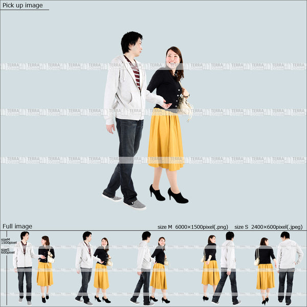 フリー人物切り抜き素材 Sサイズ無料 組み合わせ 歩くカジュアル男女カップル5 5方向セット