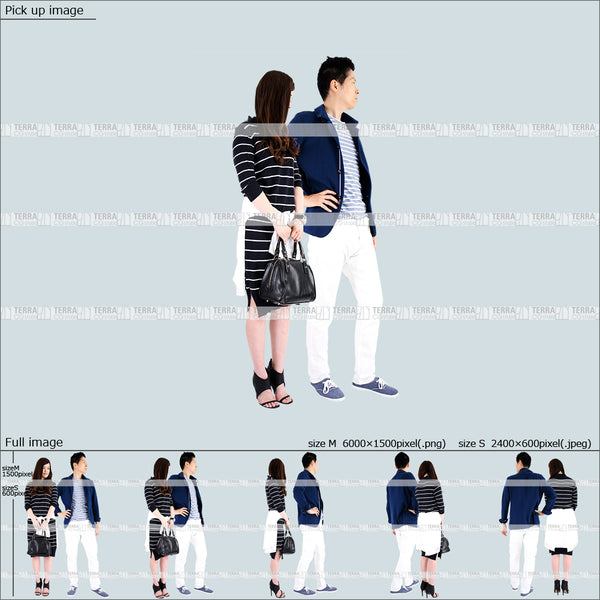 フリー人物切り抜き素材 Sサイズ無料 組み合わせ 立つ 立ち止まるカジュアル男女カップル1 5方向セット