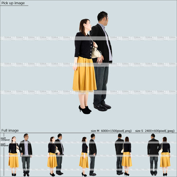 フリー人物切り抜き素材 Sサイズ無料 組み合わせ 立つ 立ち止まるカジュアル男女カップル3 5方向セット