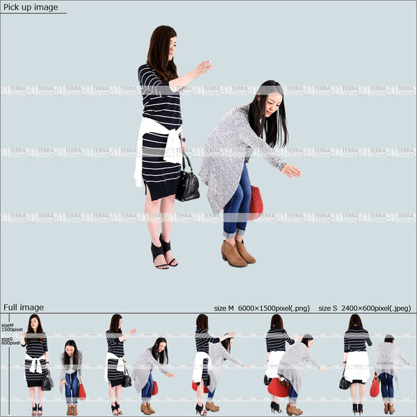 フリー人物切り抜き素材 Sサイズ無料 組み合わせ 物を取る 手を伸ばすカジュアル女性2人B 5方向セット
