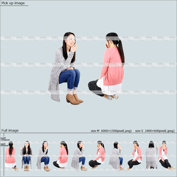 フリー人物切り抜き素材 Sサイズ無料 組み合わせ ローソファ 階段 座るカジュアル女性2人B 5方向セット