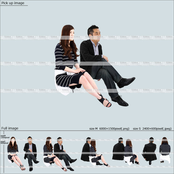 フリー人物切り抜き素材 Sサイズ無料 組み合わせ ローソファ 階段 座るカジュアル男女カップル 5方向セット
