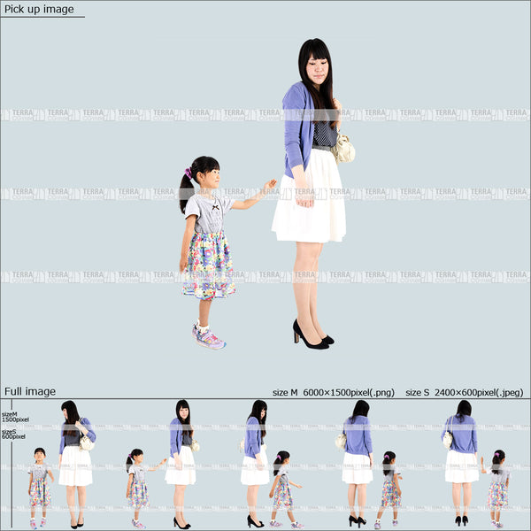 フリー人物切り抜き素材 Sサイズ無料 組み合わせ 歩くカジュアル親子1 5方向セット