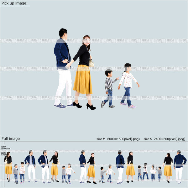 フリー人物切り抜き素材 Sサイズ無料 組み合わせ 歩くカジュアル家族1 5方向セット