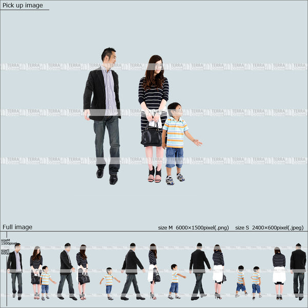 フリー人物切り抜き素材 Sサイズ無料 組み合わせ 歩くカジュアル家族2 5方向セット