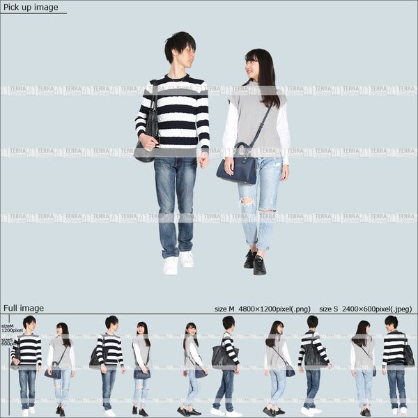 フリー人物切り抜き素材 春服 組み合わせ 歩くカジュアル男女カップル1 5方向セット