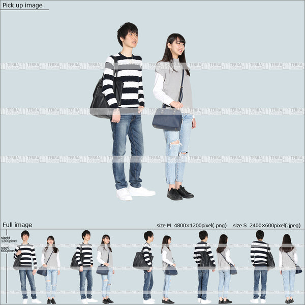 フリー人物切り抜き素材 春服 組み合わせ 立つ 立ち止まるカジュアル男女カップル1 5方向セット