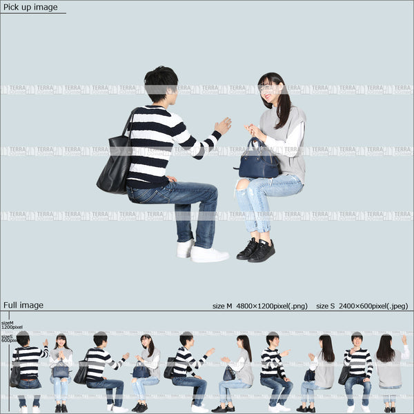 フリー人物切り抜き素材 春服 組み合わせ 座るカジュアル男女カップル1 5方向セット