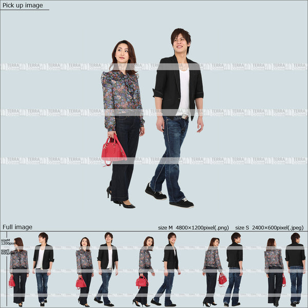 フリー人物切り抜き素材 春服 組み合わせ 歩くカジュアル男女カップル2 5方向セット