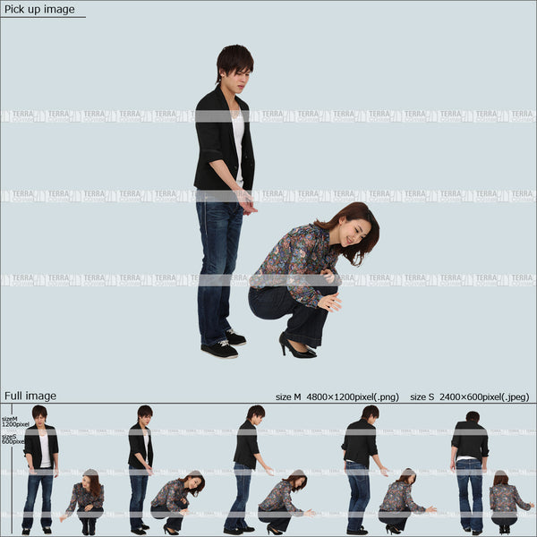 フリー人物切り抜き素材 春服 組み合わせ 物を取る 動物 遊ぶ 手を伸ばすカジュアル男女カップル2 5方向セット