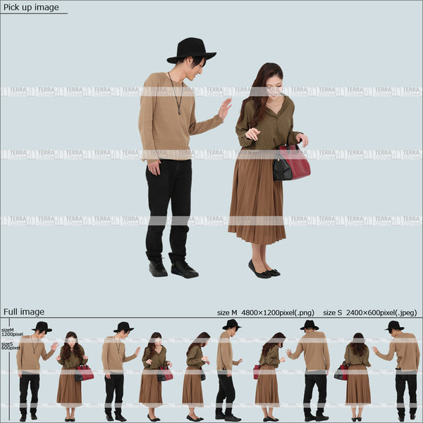 フリー人物切り抜き素材 春服 組み合わせ 立つ 立ち止まるカジュアル男女カップル3 5方向セット