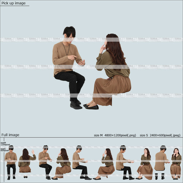 フリー人物切り抜き素材 春服 組み合わせ 座るカジュアル男女カップル3 5方向セット
