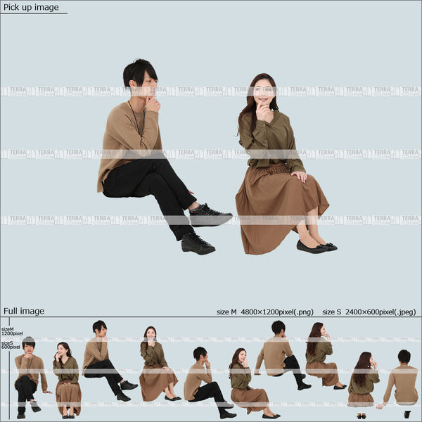 フリー人物切り抜き素材 春服 組み合わせ ローソファ 階段 座るカジュアル男女カップル3 5方向セット
