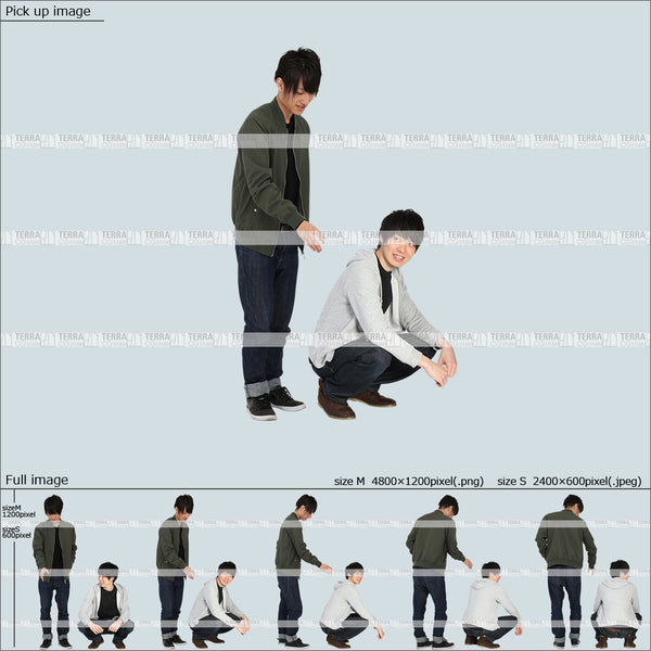 フリー人物切り抜き素材 春服 組み合わせ 物を取る 動物 遊ぶ 手を伸ばすカジュアル男性2人1 5方向セット
