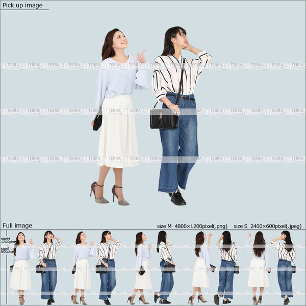 フリー人物切り抜き素材 春服 組み合わせ 歩くカジュアル女性2人1 5方向セット
