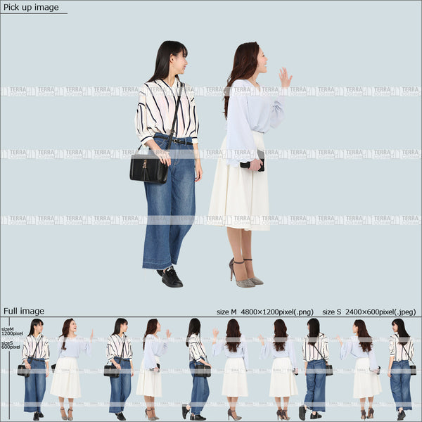 フリー人物切り抜き素材 春服 組み合わせ 立つ 立ち止まるカジュアル女性2人1 5方向セット
