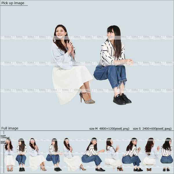 フリー人物切り抜き素材 春服 組み合わせ ローソファ 階段 座るカジュアル女性2人1 5方向セット