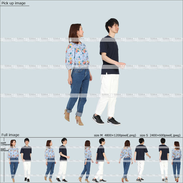 フリー人物切り抜き素材 夏服 組み合わせ 歩くカジュアル男女カップル1 5方向セット