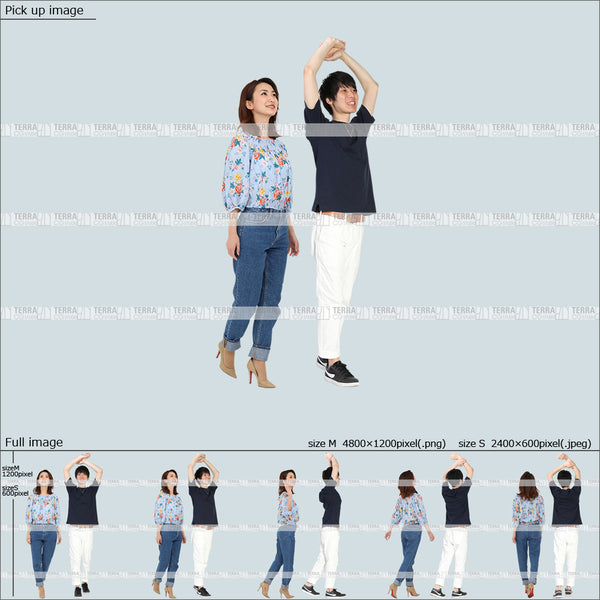 フリー人物切り抜き素材 夏服 組み合わせ 歩くカジュアル男女カップル2 5方向セット