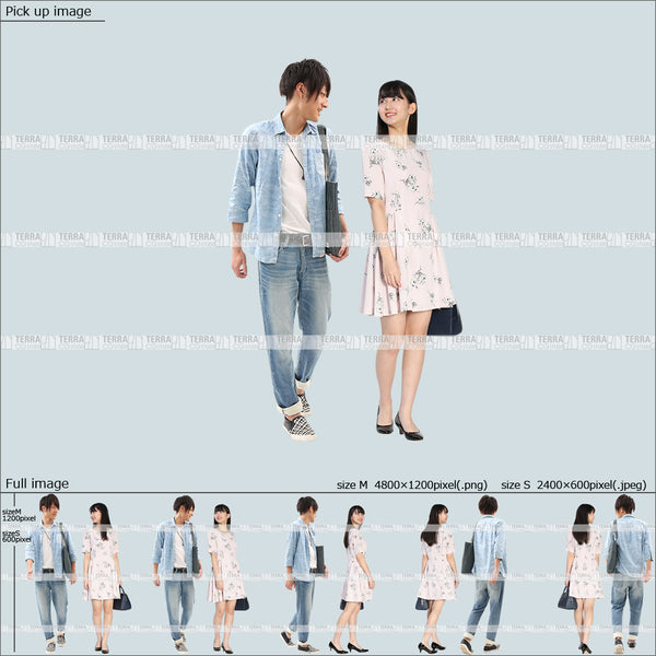 フリー人物切り抜き素材 夏服 組み合わせ 歩くカジュアル男女カップル5 5方向セット