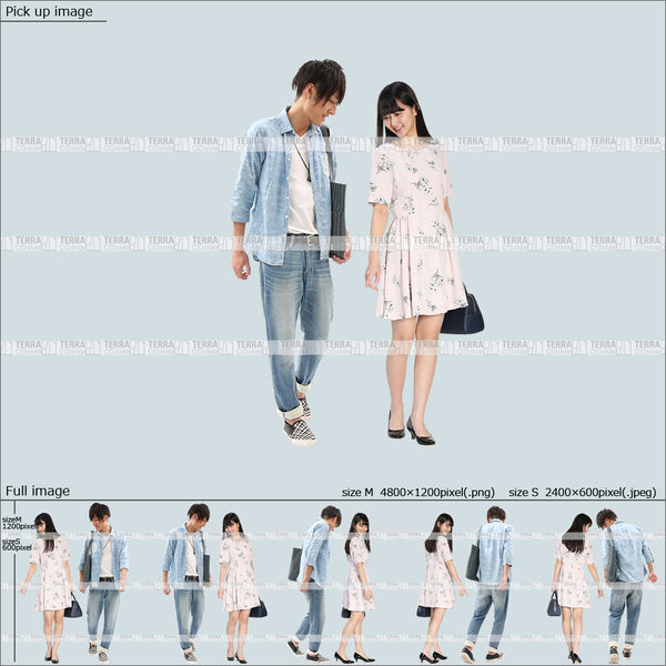 フリー人物切り抜き素材 夏服 組み合わせ 歩くカジュアル男女カップル6 5方向セット