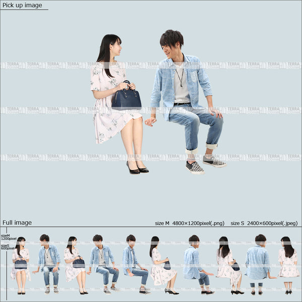 フリー人物切り抜き素材 夏服 組み合わせ 座るカジュアル男女カップル3 5方向セット