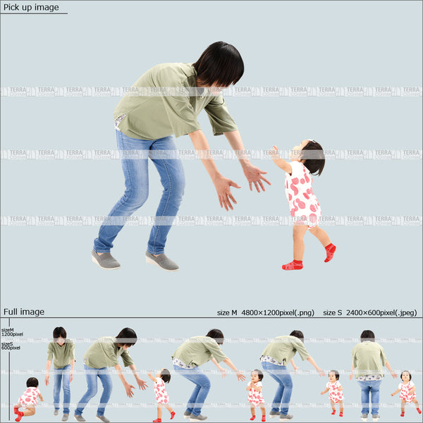 フリー人物切り抜き素材 組み合わせ 乳児 遊ぶカジュアル家族1 5方向セット