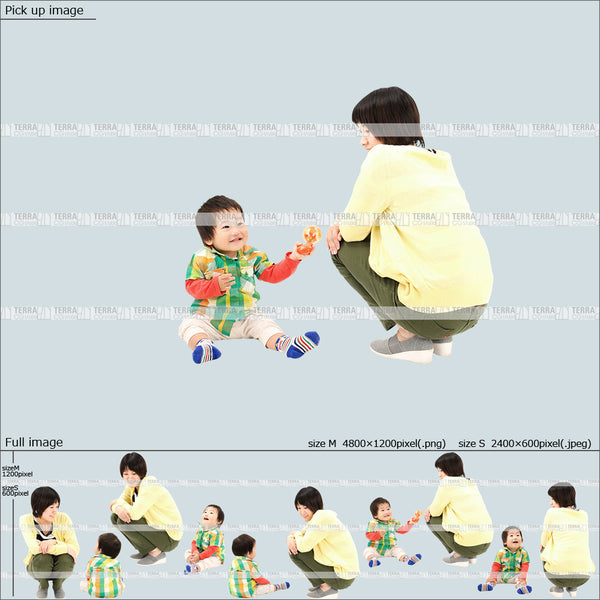 フリー人物切り抜き素材 組み合わせ 乳児 遊ぶカジュアル家族2 5方向セット