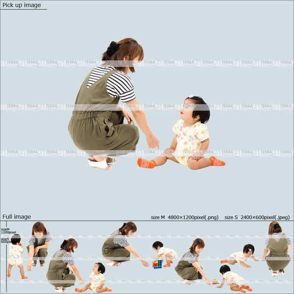 フリー人物切り抜き素材 組み合わせ 乳児 床 座る 遊ぶカジュアル家族1 5方向セット
