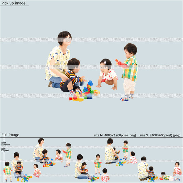 フリー人物切り抜き素材 組み合わせ 乳児 床 座る 遊ぶカジュアル家族2 5方向セット