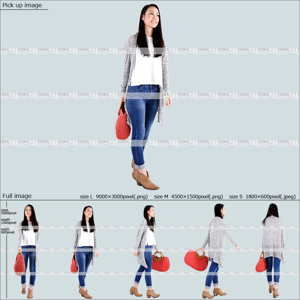 フリー人物切り抜き素材 無料お試し商品 歩くカジュアル1女性A 5方向セット