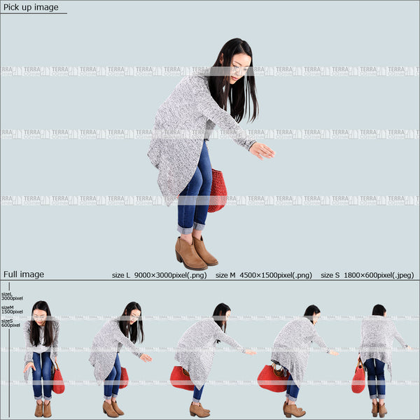 フリー人物切り抜き素材 Sサイズ無料 物を取る 下に手を伸ばすカジュアル1女性A 5方向セット