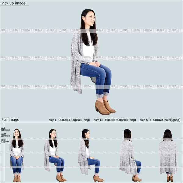 フリー人物切り抜き素材 Sサイズ無料 座るカジュアル1女性A 5方向セット