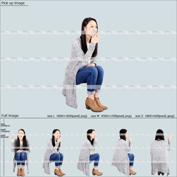フリー人物切り抜き素材 Sサイズ無料 ローソファ 段差 階段 低い椅子 座るカジュアル1女性A 5方向セット