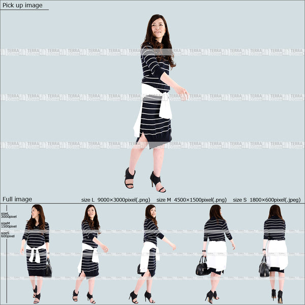フリー人物切り抜き素材 Sサイズ無料 歩くカジュアル1女性B 5方向セット