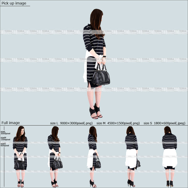 フリー人物切り抜き素材 無料お試し商品 立つ 立ち止まる カジュアル1女性B 5方向セット