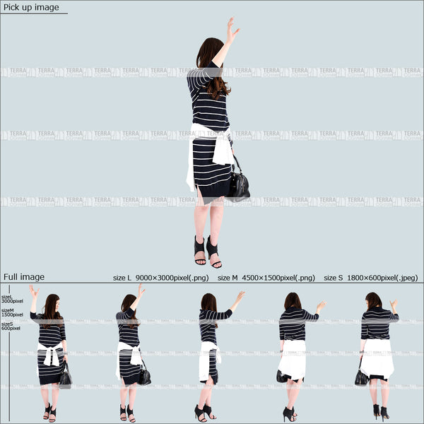 フリー人物切り抜き素材 Sサイズ無料 物を取る 上に手を伸ばすカジュアル1女性B 5方向セット