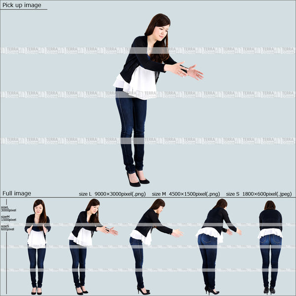 フリー人物切り抜き素材 Sサイズ無料 物を取る 中に手を伸ばすカジュアル2女性B 5方向セット