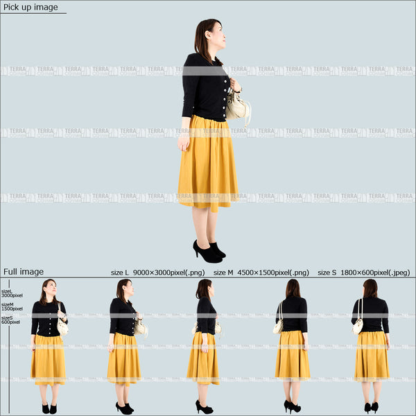 フリー人物切り抜き素材 Sサイズ無料 立つ 立ち止まる 指をさす カジュアル2女性C 5方向セット
