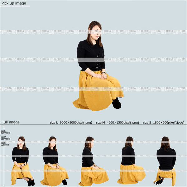 フリー人物切り抜き素材 Sサイズ無料 ローソファ 段差 階段 低い椅子 座るカジュアル2女性C 5方向セット