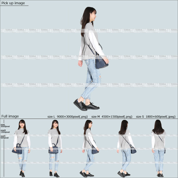 フリー人物切り抜き素材 Sサイズ無料 春服 歩くカジュアル1女性D 5方向セット