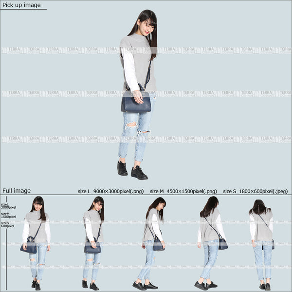フリー人物切り抜き素材 Sサイズ無料 春服 下 見る 見下ろす 歩くカジュアル1女性D 5方向セット