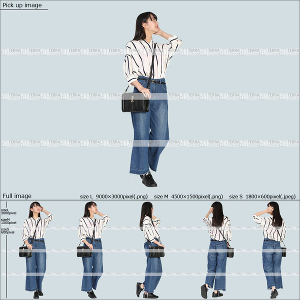 フリー人物切り抜き素材 Sサイズ無料 春服 上 見る 見上げる 歩くカジュアル2女性D 5方向セット